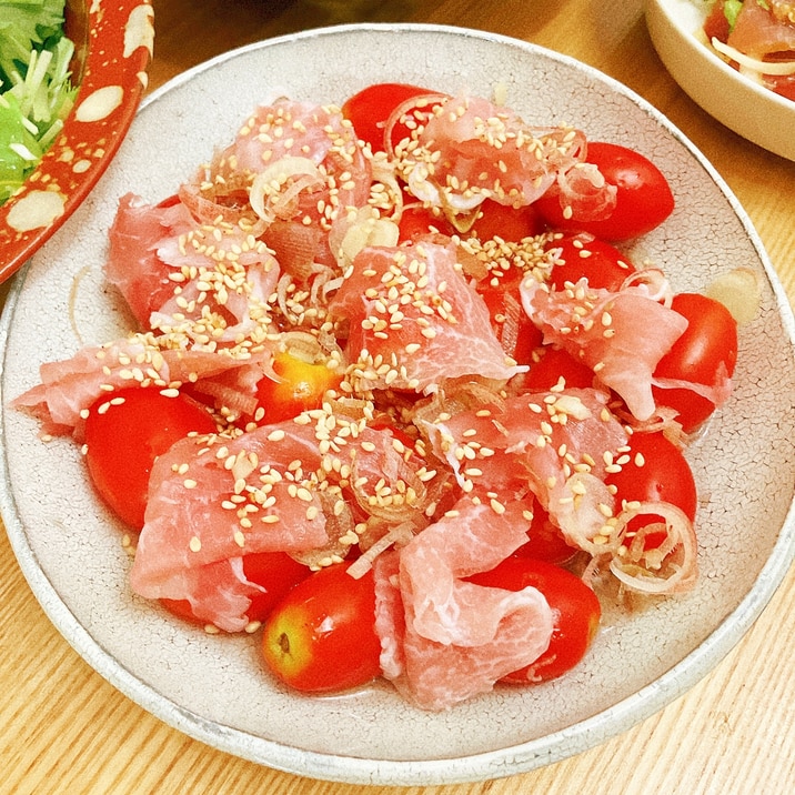 ワイン泥棒★トマトのだしびたし みょうが生ハム添え